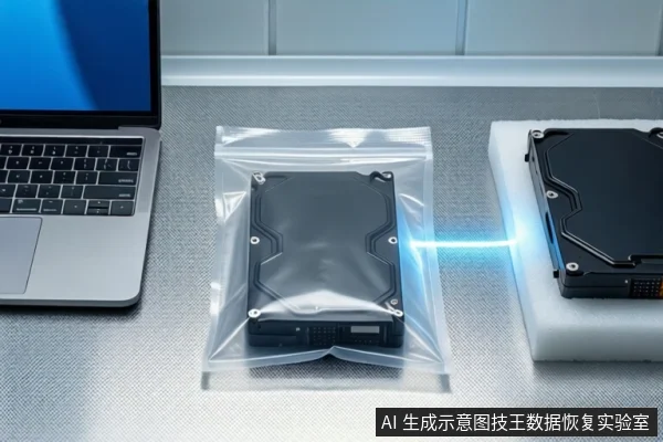 灰色桌面上,左侧是一台屏幕显示蓝色画面的银色笔记本电脑,中间透明防静电袋中装有一块黑色机械硬盘,右侧白色泡沫垫上平放另一块黑色机械硬盘,两者之间有蓝色光效连接。