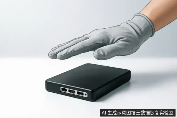 一只戴着灰色防静电手套的手悬停在黑色硬盘盒上方，未进行接触。硬盘盒侧面可见USB及数据接口，背景简洁干净，示意在故障排查或数据恢复前保持谨慎、避免盲目操作的状态。