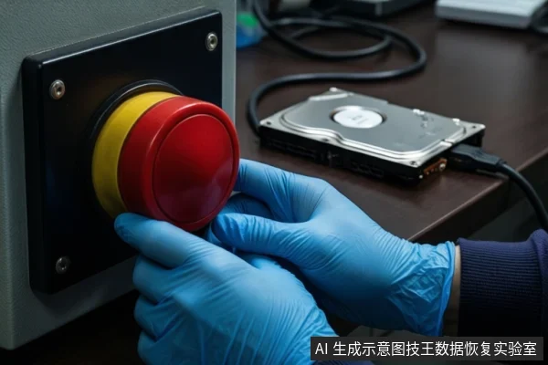 Blue-gloved hands press a large red button on a black panel next to a hard drive.