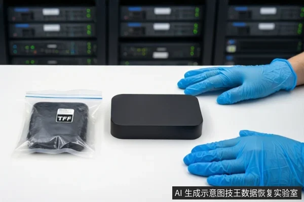 白色桌面上,左侧透明防静电袋内装有一块黑色TF卡,中间平放一个黑色外接硬盘盒,右侧一双戴蓝色手套的手平放在桌面上,背景为模糊的服务器机柜。
