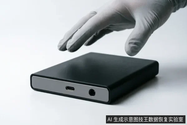 一只戴着白色防护手套的手悬停在一个黑色长方形移动硬盘盒上方,设备侧面清晰可见USB-C接口和圆形电源孔,背景为纯净的白色。