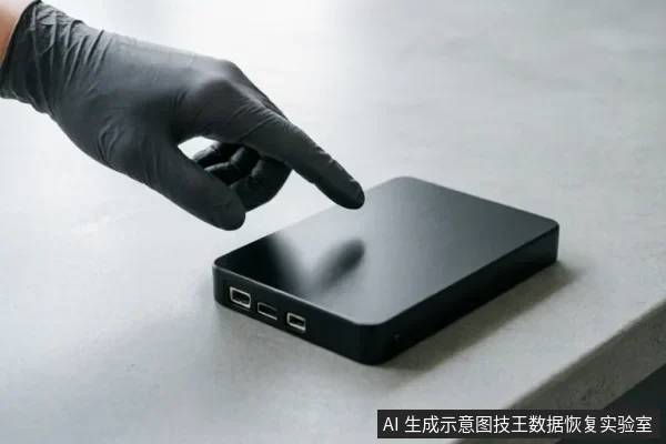 一只戴着黑色防护手套的手正悬停在一个黑色移动硬盘上方,食指指向设备表面。硬盘侧面清晰可见USB及Type-C接口,放置在浅灰色台面上,展示了数据恢复过程中对原始介质进行物理接触与检查的场景。
