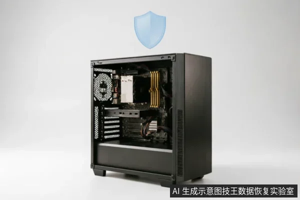 一台侧板已移除的黑色台式电脑主机,清晰展示了内部的主板、散热器及显卡等硬件结构。机箱正上方悬浮着一个淡蓝色的盾牌图标,象征安全防护与数据保护。
