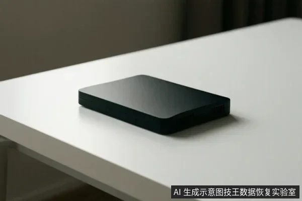 白色桌面上放置着一个黑色的移动硬盘设备,设备处于静止状态,背景为模糊的室内环境。