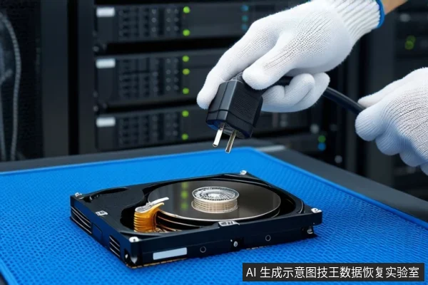 蓝色防静电垫上平放一块打开外壳的机械硬盘,可见盘片与磁头组件。上方一双戴白色手套的手正握持一个黑色电源插头,悬停在硬盘上方。背景为模糊的服务器机柜。