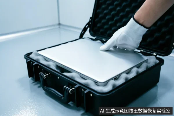 一只戴着白色防静电手套的手正将一台银色笔记本电脑放入铺有防震泡沫的黑色硬质运输箱中,展示了专业设备的安全防护与搬运过程。