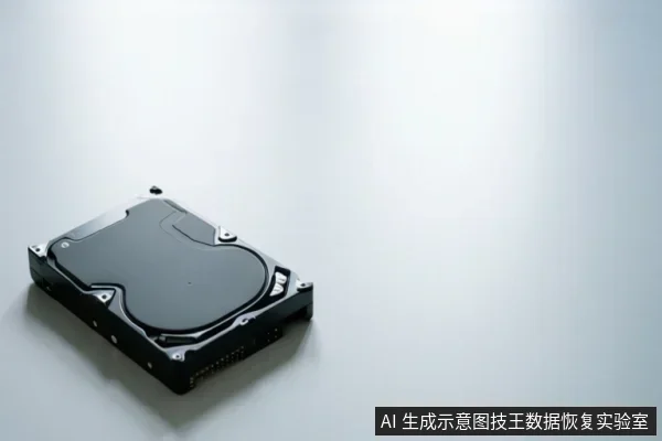一块黑色机械硬盘平放在浅灰色桌面上,硬盘背面朝上,可见固定螺丝和接口区域,画面右侧为空白背景。