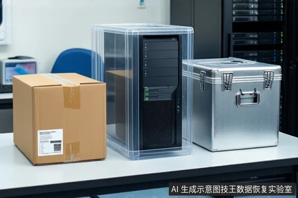 白色桌面上，左侧为贴有标签的棕色纸箱，中间透明底座上竖立一台黑色塔式主机，右侧为关闭的银色金属防震箱，背景可见服务器机柜。