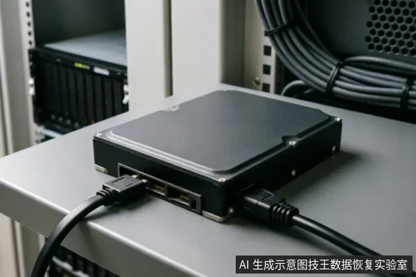 图片展示了一块黑色机械硬盘放置在灰色金属工作台上，侧面连接着数据线和供电线。背景可见服务器机柜及整理好的线缆，呈现出专业数据恢复实验室或硬件检测环境的场景。