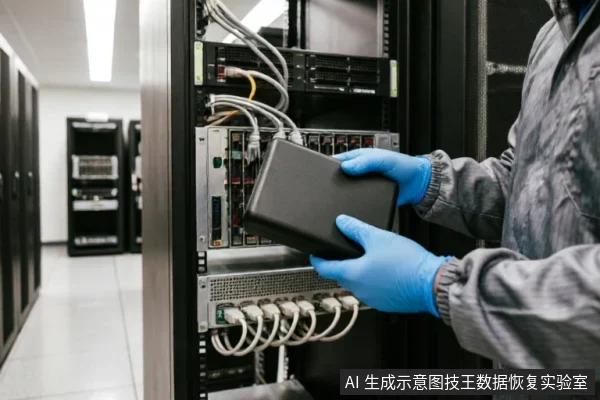 一名身穿灰色工作服、佩戴蓝色防静电手套的技术人员,在服务器机房环境中双手持握一块黑色移动硬盘,正准备将其插入或取出机架式服务器的接口。