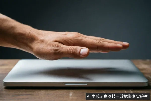 一只成年男性的手悬停在闭合的银灰色笔记本电脑上方,手掌向下平伸,做出停止或覆盖的手势。电脑放置在深色木纹桌面上,背景为深灰色,画面聚焦于手部动作与设备,传达出紧急制动、禁止操作或保护设备的视觉含义。