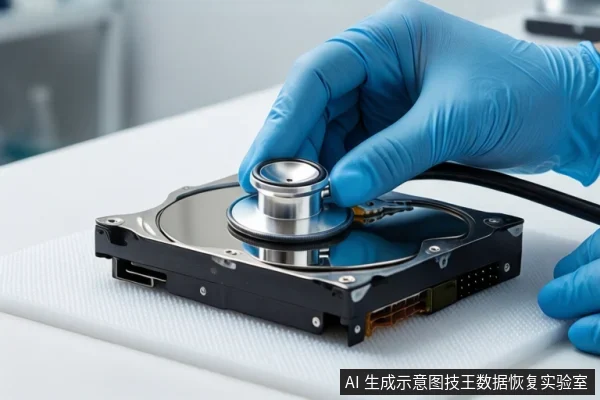 白色防静电垫上平放一块打开外壳的机械硬盘,露出盘片与磁头组件。一只戴蓝色手套的手正握持一个银色圆柱形金属工具,悬停在硬盘磁头组件上方。背景为模糊的浅色环境。