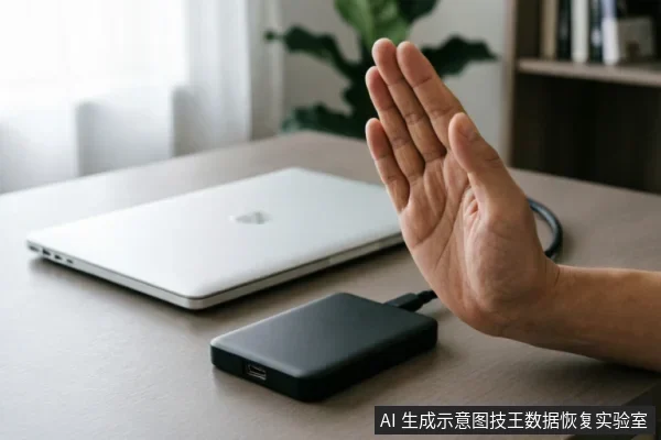 一只手掌伸出做出停止的手势,挡在连接着笔记本电脑的黑色移动硬盘前方。桌面背景中有闭合的银色笔记本和绿植,画面直观表达了在设备异常时立即停止操作、切断连接以保护原盘的含义。