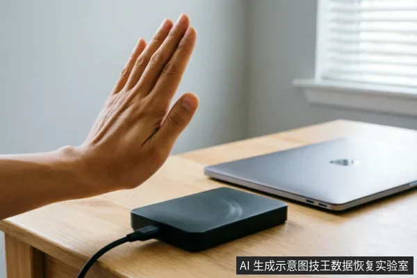 一只手掌在连接着笔记本电脑的黑色移动硬盘前做出停止手势,示意立即断开连接或停止操作。画面通过肢体语言直观表达了在硬盘故障时避免进一步通电或写入数据的安全止损原则。