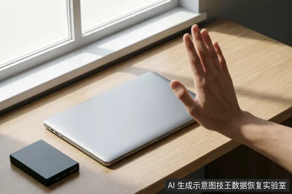 一只悬停在闭合笔记本电脑上方的手做出停止手势,旁边放置着一个黑色移动硬盘。画面通过肢体语言强调在电脑无法识别硬盘时,应立即停止插拔或操作,避免对数据造成二次破坏。