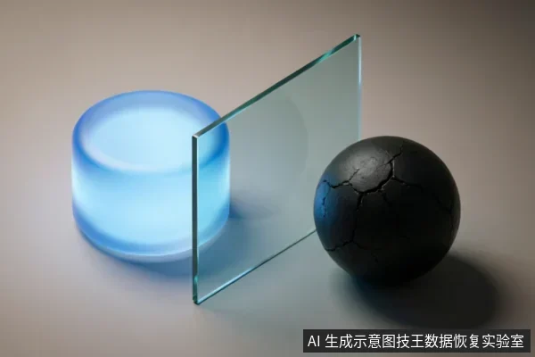 A glowing blue cylinder, a glass pane, and a cracked black sphere arranged in a row to symbolize data integrity assessment.