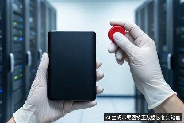 服务器机房背景中,一双戴白色手套的手正握持一个黑色移动硬盘,另一只手拿着一个红色圆形物体悬停在硬盘上方。