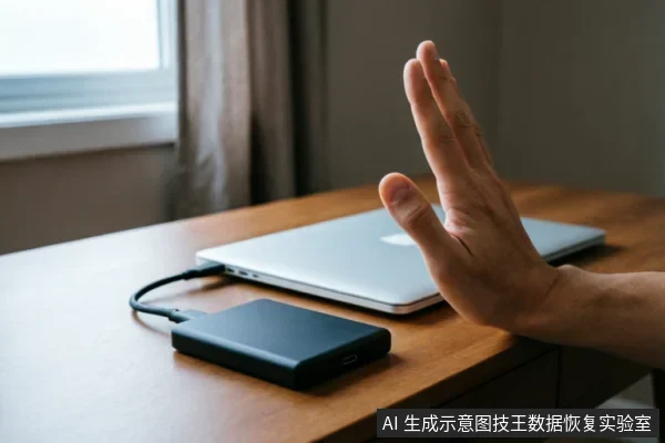 一只手掌在连接着笔记本电脑的黑色移动硬盘前做出停止手势，示意立即切断操作或物理断开连接。画面直观展示了在存储设备出现异常时，应第一时间停止写入、保持介质静止以保护数据安全的止损措施。