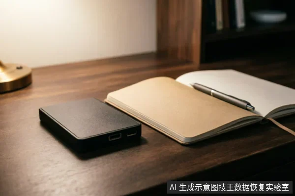 深色木纹桌面上放置着一个黑色的移动硬盘，旁边摊开着一本米色内页的笔记本，一支银色金属笔搁在纸上。左侧可见金色台灯底座，背景为模糊的书架，营造出安静的办公或记录环境。