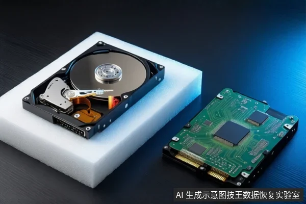 深色桌面上,左侧白色泡沫垫上平放一块打开外壳的机械硬盘,右侧平放一块绿色电路板,背景有蓝色光效。