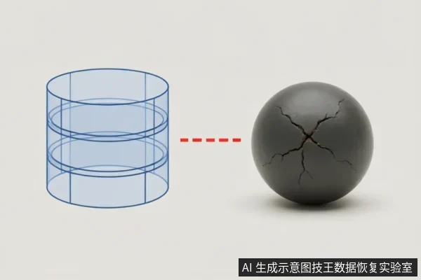 左侧为一个分层的蓝色透明圆柱体线框模型,右侧为一个表面布满裂纹的深灰色球体,中间由红色虚线连接。该图通过几何形态的对比,示意存储介质从有序的数据结构状态向物理损坏或故障状态的转变。
