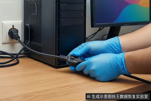木质桌面上,戴蓝色手套的双手正持握一个黑色三脚电源插头,准备插入黑色塔式主机的电源接口。左侧墙壁插座已连接一根电源线,右侧有一台显示器。