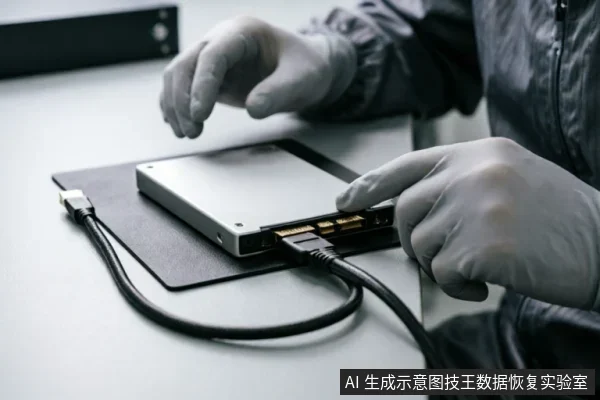 戴着防静电手套的专业人员正在将数据线连接至一块裸露的硬盘接口,展示硬件检测或数据恢复中的物理连接操作。