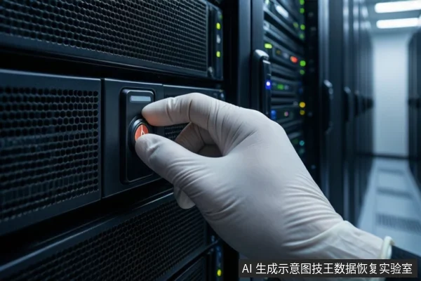 蓝色调机房内，一只戴白色手套的手正按压左侧黑色服务器机柜上的红色按钮，背景可见多排机柜和指示灯。