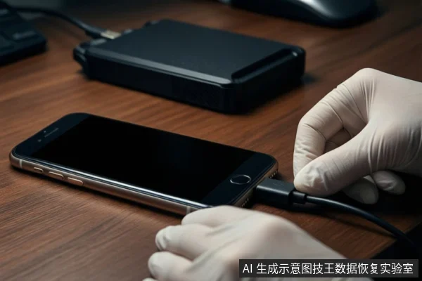 木质桌面上,前景一双戴白手套的手正在将一根黑色USB数据线插入一部黑色智能手机的底部接口。手机平放,屏幕熄灭。背景中有一个闭合的黑色外接硬盘盒和模糊的鼠标。