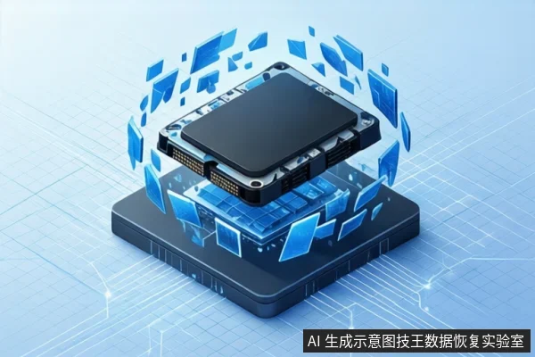 浅蓝网格背景上，一块黑色固态硬盘芯片悬浮在底座上方，周围环绕蓝色几何碎片，呈现数据提取或恢复的抽象示意。