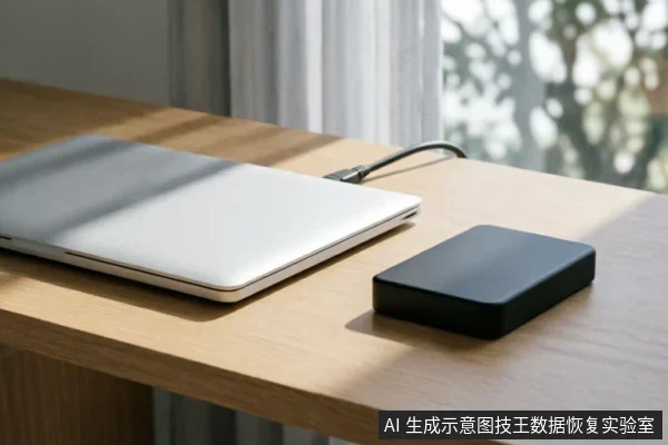 一台银色笔记本电脑放置在木质桌面上,通过黑色数据线连接着一个黑色的外置硬盘盒,阳光从侧面照射在设备上,展示了外部存储设备与电脑的连接状态。