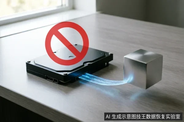 桌面上放置一块机械硬盘，上方叠加红色禁止符号。蓝色光束从硬盘接口处流向旁边的金属立方体，象征数据连接被阻断或无法识别的状态，示意硬件故障或停止写入的场景。