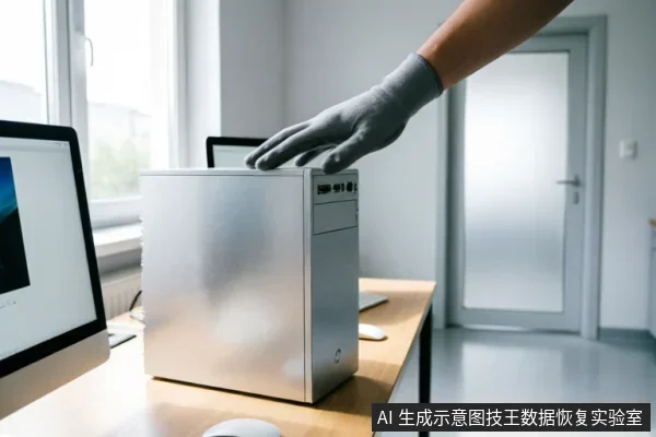 一只戴着灰色防静电手套的手正按在银色台式机机箱顶部,旁边摆放着显示器和鼠标。画面展示了规范接触电脑硬件的场景,体现了数据恢复或维修中防止静电损坏设备的操作要求。