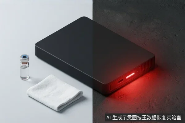 画面分为左右两部分:左侧为黑色硬盘盒、一小瓶透明液体和一块折叠的白色软布;右侧为同一硬盘盒在暗色背景下的特写,接口处发出红色光。