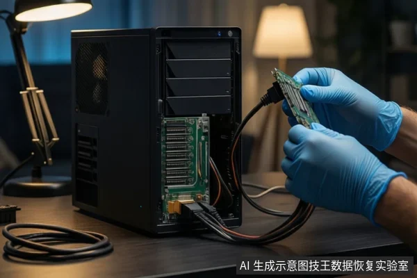 深色桌面上,左侧有一台黑色塔式主机,右侧一双戴蓝色手套的手正持握一块电路板,背景有台灯。