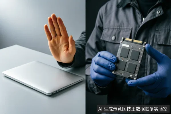 左侧画面展示一只手在闭合的笔记本电脑前做出停止手势,象征立即停止操作;右侧画面为身穿工装、佩戴蓝色防静电手套的专业人员手持一块裸露的SSD主控电路板,展示硬件评估场景。