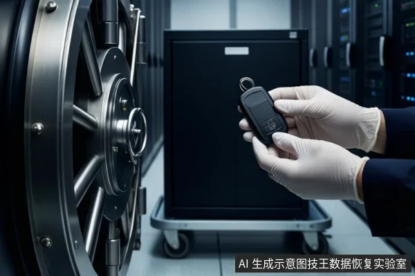 服务器机房通道内,左侧为大型金属保险库门,中间推车上放置一个闭合的黑色防震箱。前景一双戴白手套的手持握一个黑色遥控器状设备。