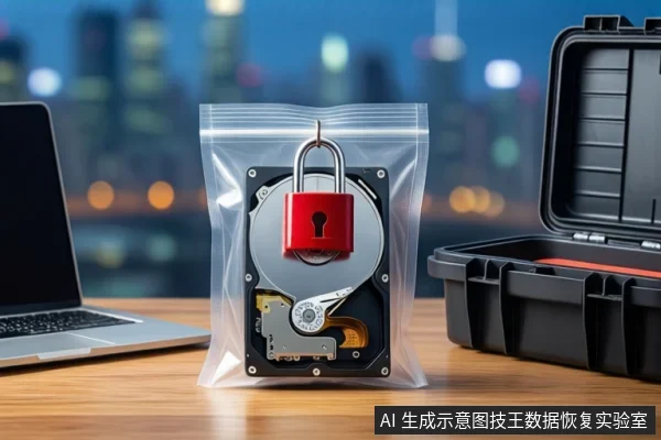 木质桌面上,左侧有一台笔记本电脑,中间透明防静电袋内装有一块机械硬盘,硬盘上挂着红色挂锁,右侧放置一个黑色防震箱,背景为模糊的城市夜景。