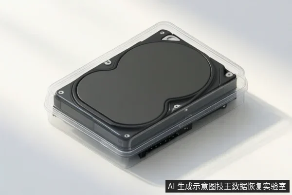 白色背景上放置一块裸露机械硬盘,上方覆盖透明塑料保护盒,可见盘体、螺丝孔和接口边缘。
