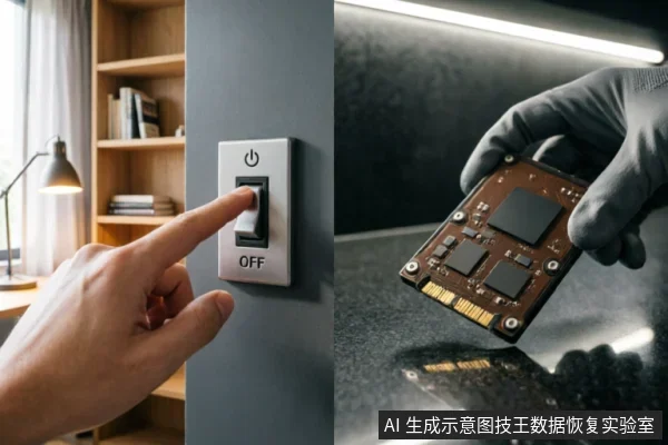 左图展示手指按下墙壁开关切断电源,右图展示戴手套的手持握裸露的硬盘电路板(PCB)。画面直观呈现了数据恢复中“异常断电保护”与“硬件介质检查”两个核心概念。