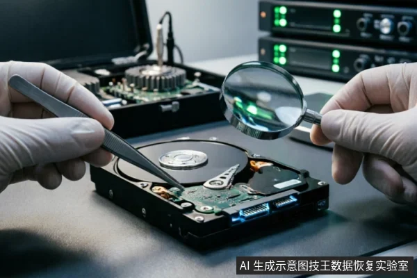 画面展示了一双戴着白色防静电手套的手正在对一块已打开外壳的机械硬盘进行专业检测。左手使用镊子指向电路板接口区域,右手持放大镜观察内部结构,背景可见带有绿色指示灯的专业数据恢复设备。