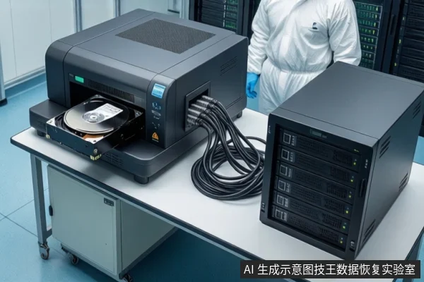 洁净室环境中,白色桌面上左侧是一台黑色硬件级硬盘镜像设备,一块机械硬盘正插入设备插槽中,右侧是一台黑色机架式服务器,两者通过黑色线缆连接。背景中一名身穿白色无尘服的技术人员正在操作设备。