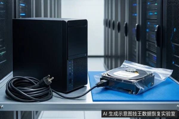 金属防静电工作台上,左侧竖立一台黑色塔式主机,前方盘绕黑色电源线;右侧蓝色防静电垫上平放一块打开外壳的机械硬盘,置于透明防静电袋中,背景为模糊的服务器机柜。