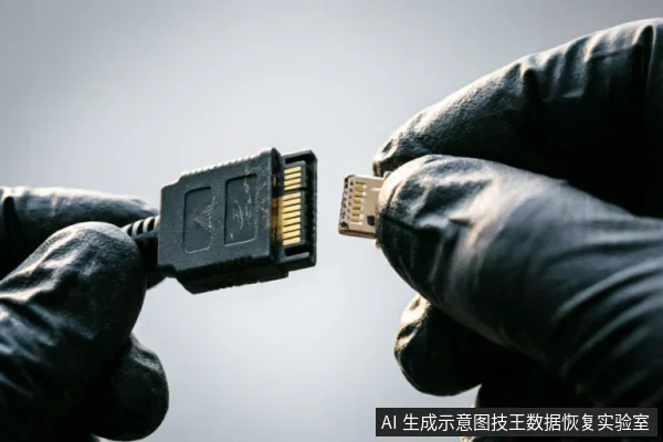 戴着黑色防护手套的双手分别持握数据线的公头与母口连接器，正将其对准准备插接。画面特写展示了接口金属针脚与塑料外壳细节，背景虚化，强调对物理连接链完整性的检查动作。