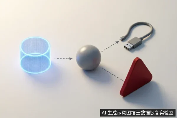 A glowing blue wireframe cylinder connects via arrows to a grey sphere, which links to a USB cable and a red triangular warning sign.