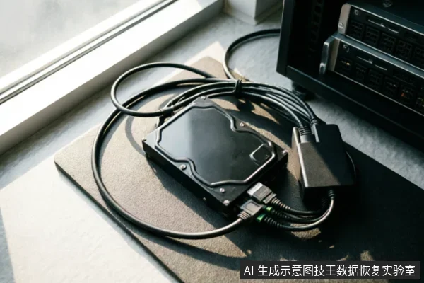 一张放置在窗边桌面上的3.5英寸机械硬盘,连接着SATA数据线和电源线,旁边可见部分台式机机箱结构。画面展示了硬盘的外部连接状态,用于示意台式电脑加装存储设备时的硬件排查场景。