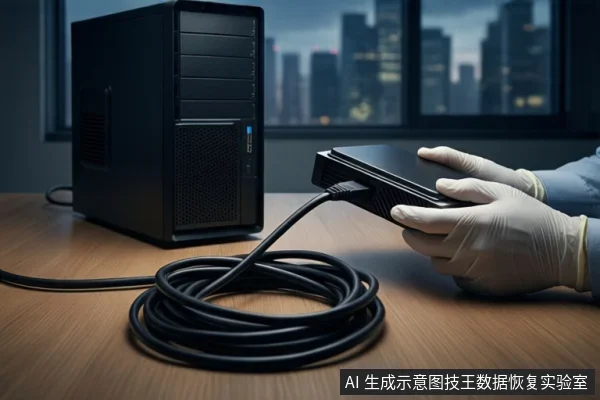 木质桌面上,戴白手套的双手正持握一个黑色外接硬盘盒,一根黑色数据线从硬盘盒连接至左侧的黑色塔式主机,前景盘绕着黑色线缆,背景为模糊的城市夜景。