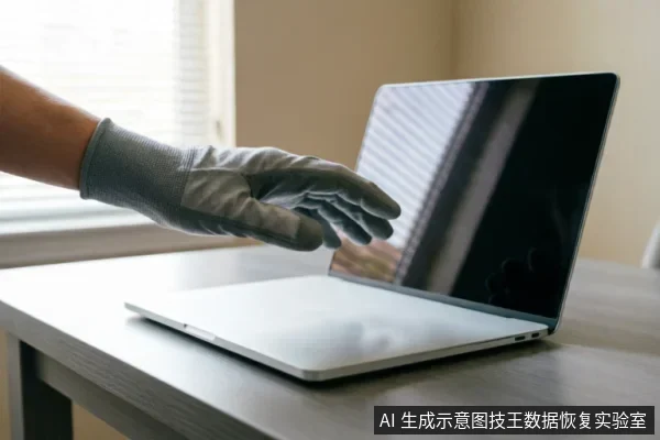 一只戴着灰色防静电手套的手悬停在银色笔记本电脑上方,电脑打开放置在桌面上,屏幕呈黑色反光状态。画面展示了规范接触电子设备的操作场景,强调了对硬件的防护与谨慎处理。