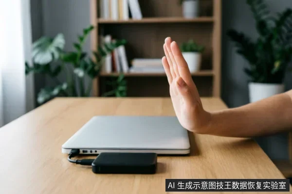 一只手掌在木质桌面上做出明显的停止手势,位于一台闭合的银色笔记本电脑和一个连接着数据线的黑色移动硬盘前方,示意立即停止操作或切断电源。