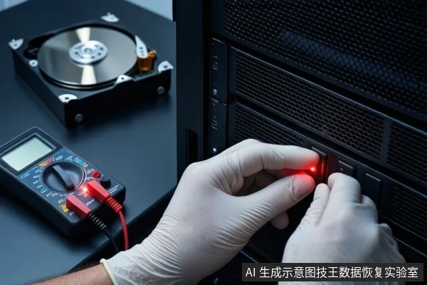 深色桌面上,戴白手套的双手正按压黑色服务器机柜正面的红色按钮,左侧平放一块打开外壳的机械硬盘和一台万用表。